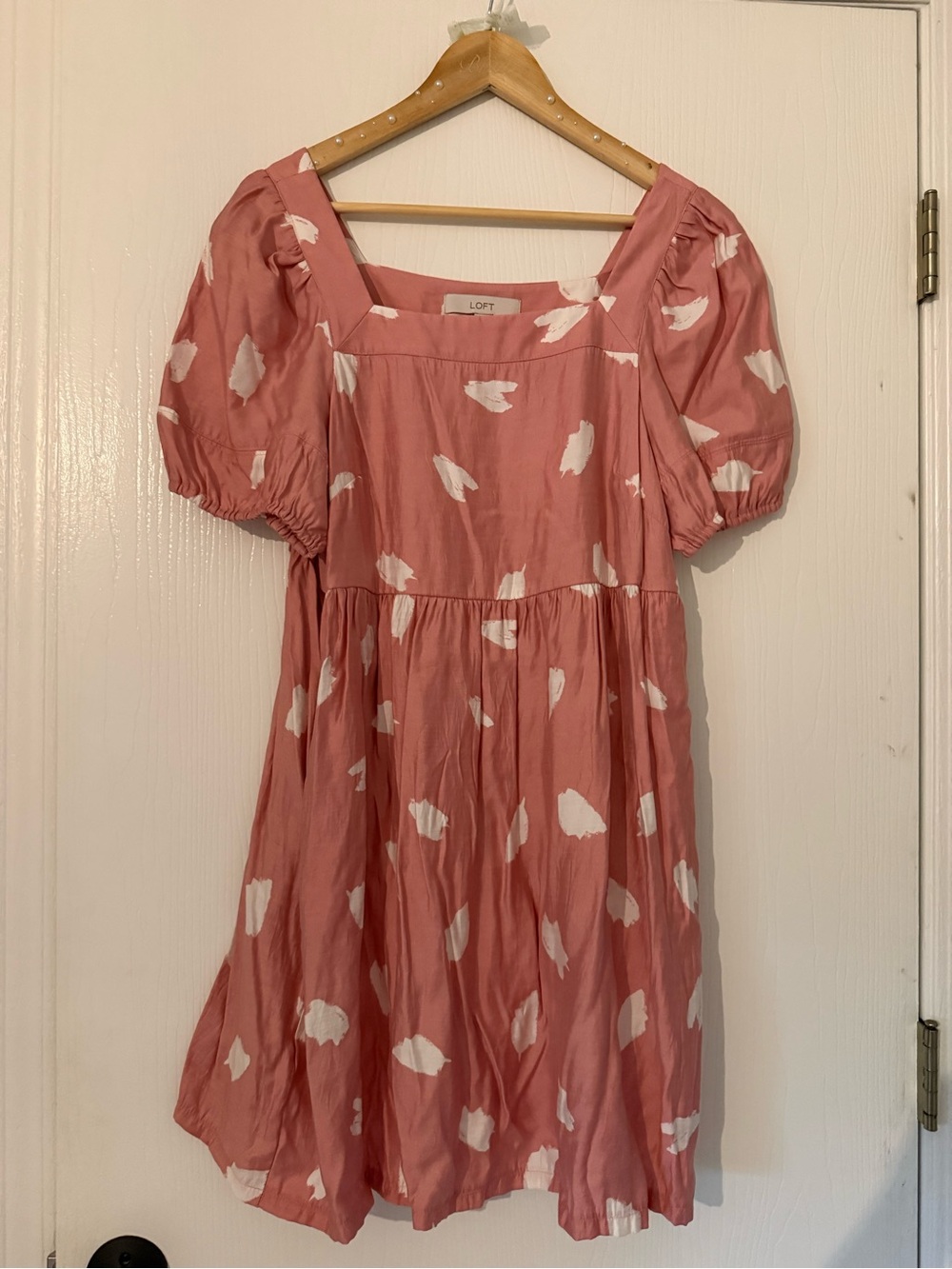 LOFT Pink and White Puff Sleeve Babydoll Dress